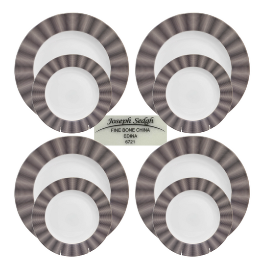 Joseph Sedgh EDINA Fine Bone China, Black & Gray 4 Dinner Plate & 4 Salad Plate