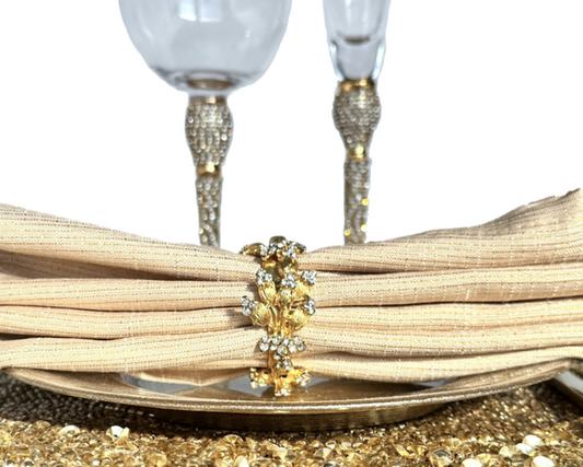 Napkin Rings, Sparkling Gold Jeweled Crystals on Gold Band Set of Four
