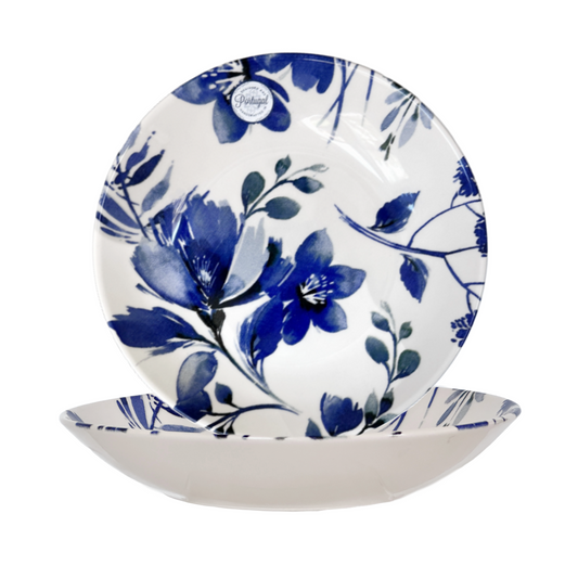 9.5" Pasta, Soup Bowl White Ceramic Royal Blue Flowers Made In Portugal Set of 2