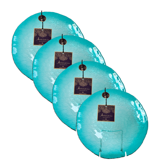 11" Teal Blue Glass Dinner Plates with Textured Back by Artistic Accents Elegant Set of 4