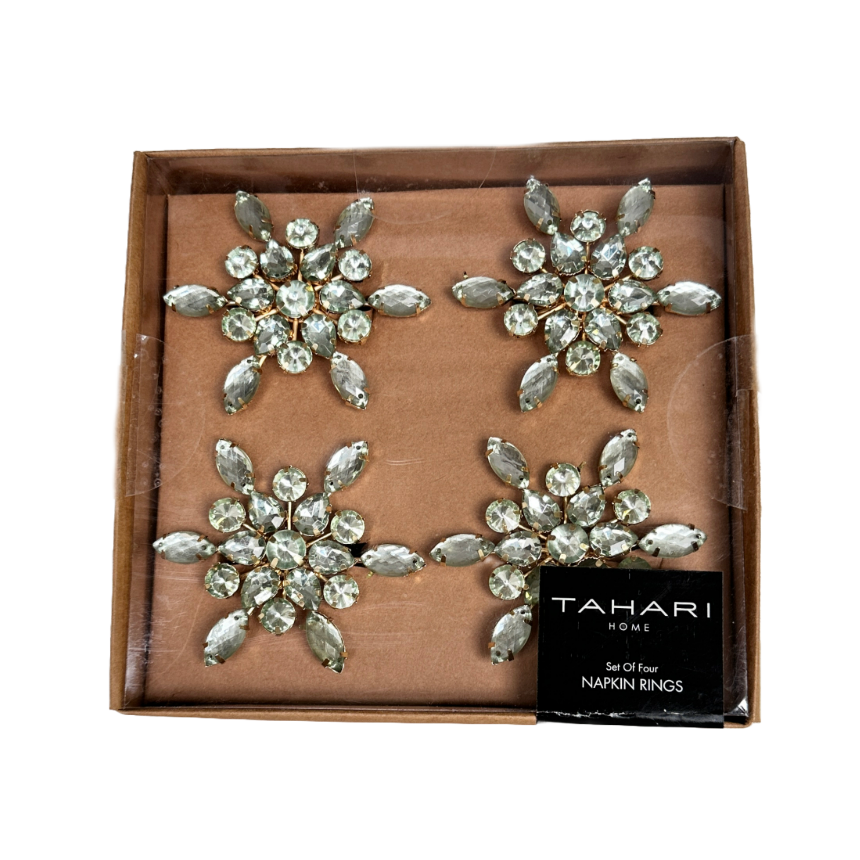 Napkin Rings, Sage Green Sunburst Crystal Cluster Sparkling Rhinestones Set of 4