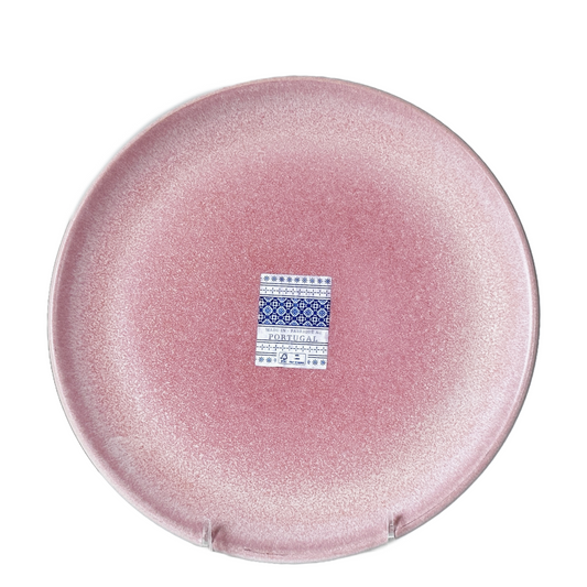 Round pink ombre dinner plate with a "Made In Portugal" label on a white background
