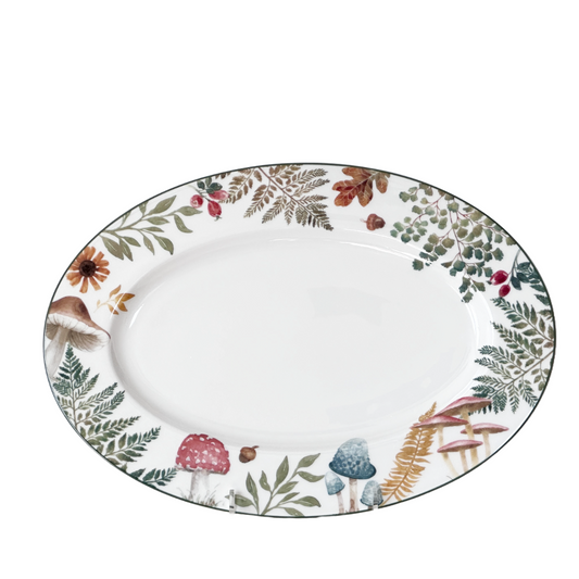 Serving Platter Oval White Bone China Forest Mushroom & Fern Rim by Gracie