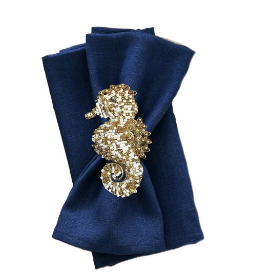 Napkin Rings Sea Life Gold & White Beaded Seahorse by Coastal Collection Set/4