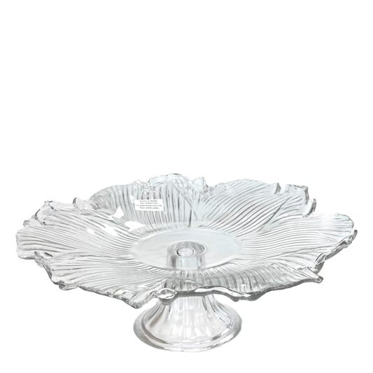 Cake Stand Clear Glass Ribbed Flower Shape with Pedestal, Cupcake Dessert Stand