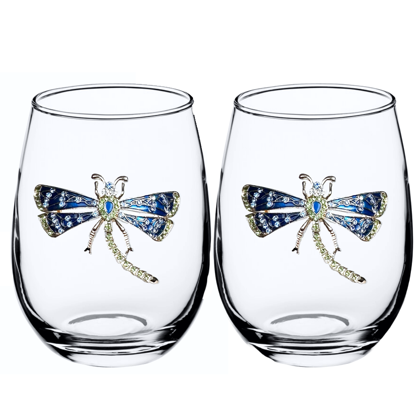 Two stemless wine glasses with crystal blue firefly