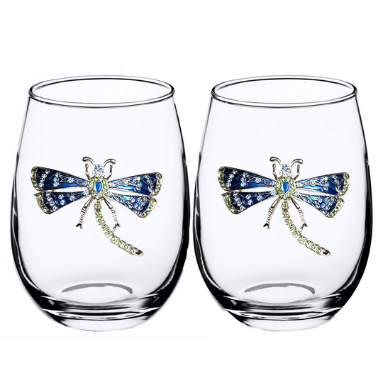 Two stemless wine glasses with crystal blue firefly