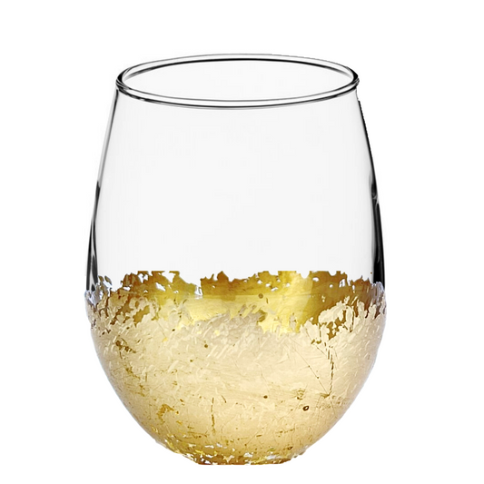 Stemless Wine Glass, Brandy Snifter Flecked Gold Foil Metalic Bottom, 20 oz