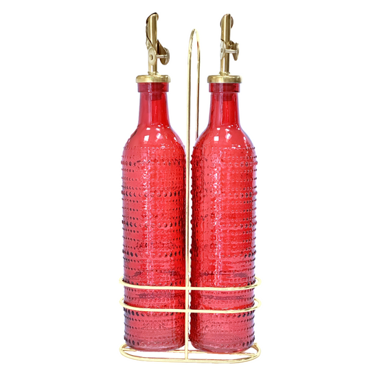 Olive Oil & Vinegar Red HobnailGlass Bottle Dispensers w/Gold Pour & Gold Holder