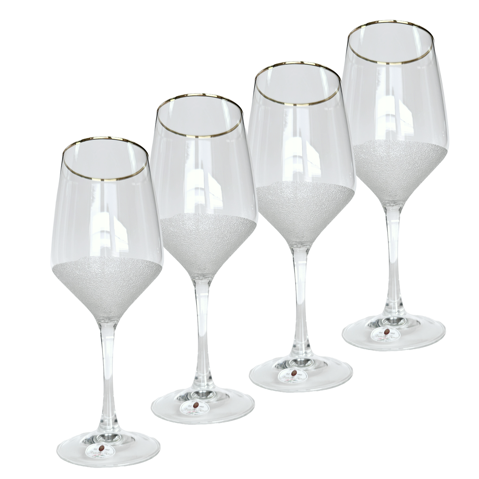 Set of five wine glasses with gold rims on a white background