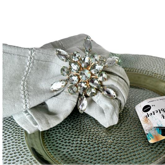 Napkin Rings, Sage Green Sunburst Crystal Cluster Sparkling Rhinestones Set of 4