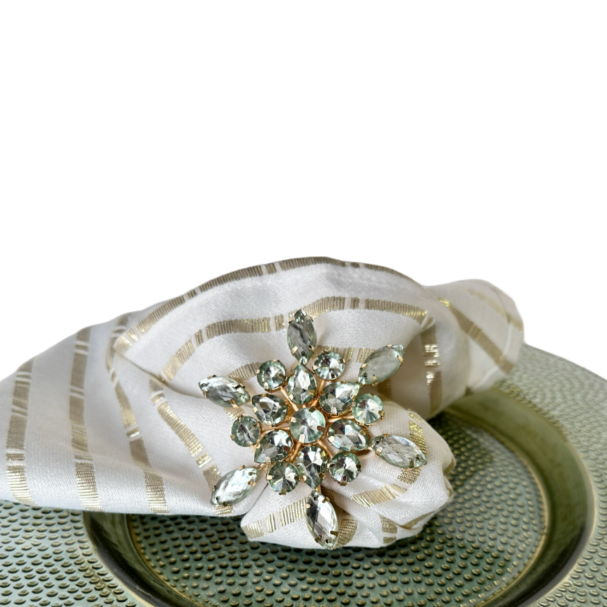 Napkin Rings, Sage Green Sunburst Crystal Cluster Sparkling Rhinestones Set of 4