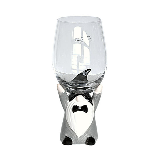Bridal Wedding Wine Glass, Gnome Bride w/Crystal Flowers, Groom Crystal Bow Tie