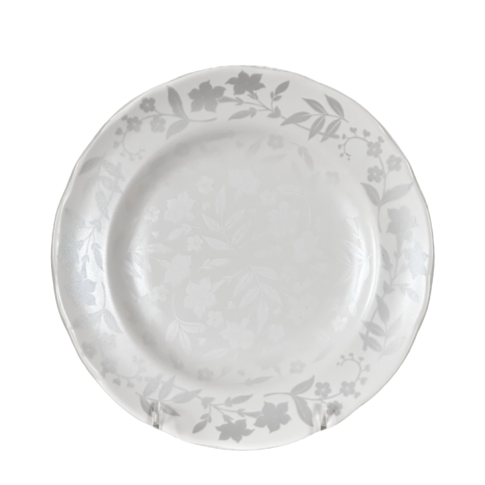 White ceramic plate with floral patterns on a white background