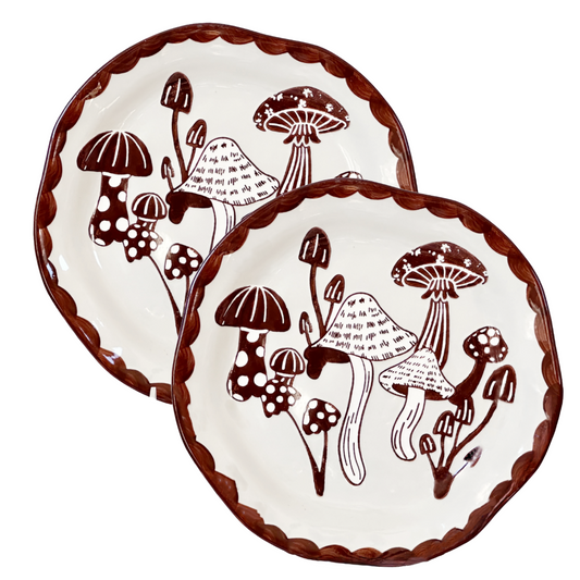 Dinner Plates 10" Mushroom Design w/Brown Asymetrical Rim by Potters Studio Set of 2