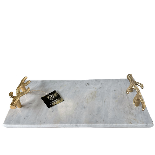 White Marble Charcuterie Cheese Board, Rectangle with Gold Vine Handles