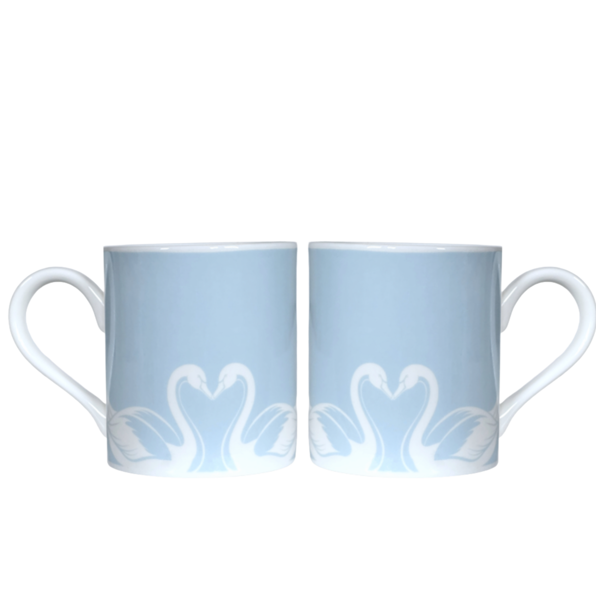 Two light blue mugs by Roy Kirkham with white swan designs on a white background