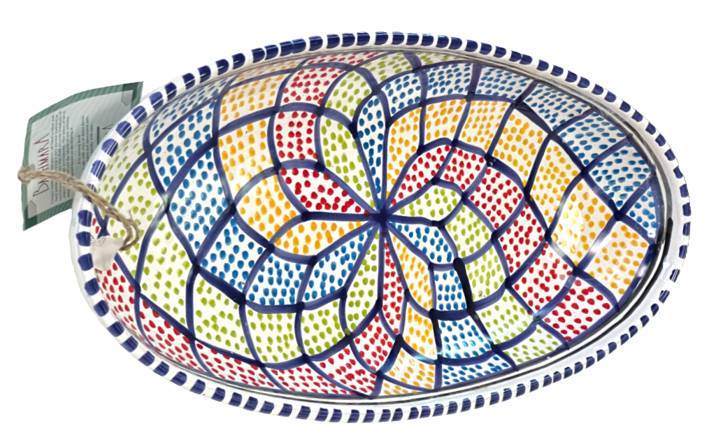Colorful ceramic plate with geometric pattern on a white background