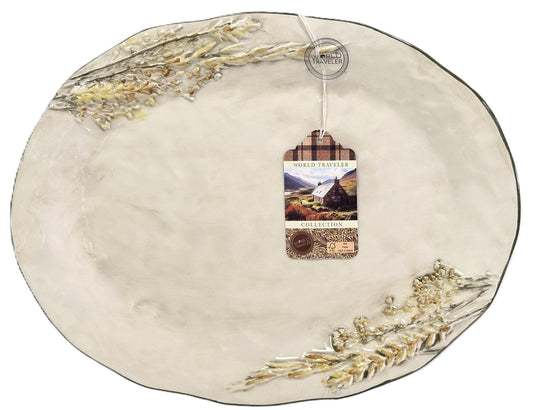 Serving Platter Hand Painted Ceramic Raised Wheat Stalk & Wavy Olive Green Rim