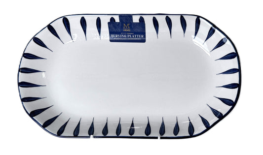 Medici Ceramic Round Rectangle Serving Platter White & Blue Ticks 12" x 7"