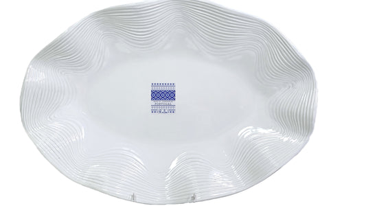 Large Oval Porcelain Serving Platter White Ribbed Wavy Pattern w/Scalloped Rim