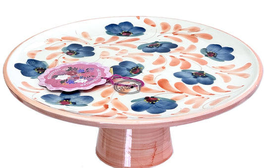 Ceramic cakestand peach, blue, & yellow, branded 'Pedraza Ceramica Spain'.