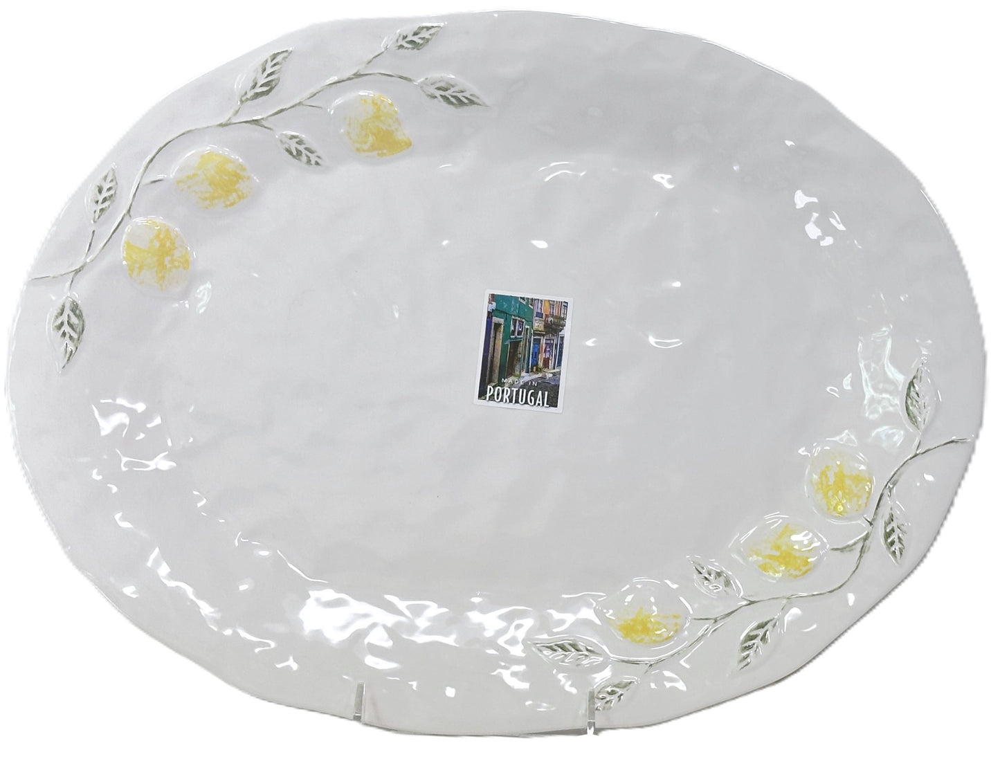 Large Serving Platter Oval Porcelain with Raised Yellow Lemons & Green Leaves