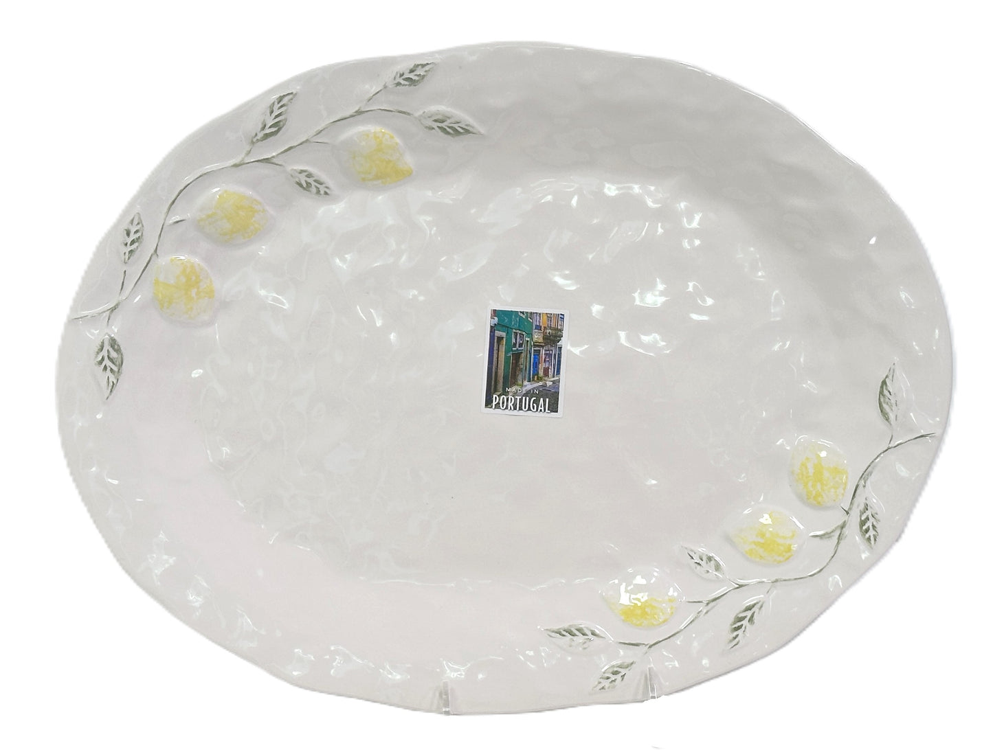 Large Serving Platter Oval Porcelain with Raised Yellow Lemons & Green Leaves