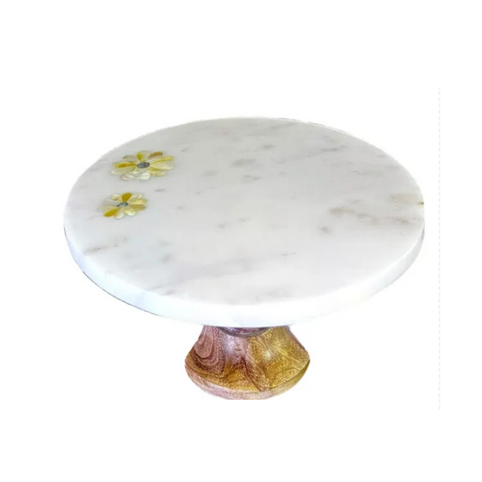 Cake Stand, Single Tier White Marble w/Wood Pedestal & Iridescent Yellow Flowers