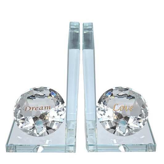 Crystal-Glass Bookends Large Diamond "Dream" & "Love" in Gold on Thick Glass