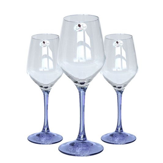 Wine Glass Transparent Purple Stem Handblown in Italy by Cristalleria Fumo Set of 3