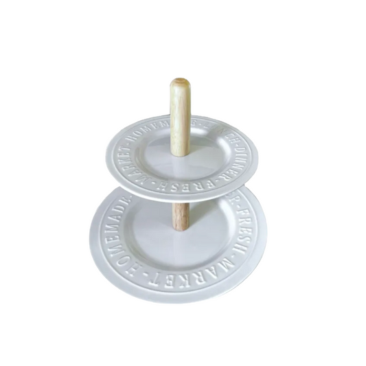 Two-Tiered Dessert Stand or Cheese Server, White Ceramic Tray w/Embossed Lettering