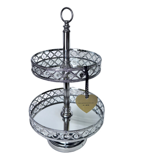2-tiered Dessert Stand Silver Mirrored Inside Rim w/Crystals - Opulent Treasures