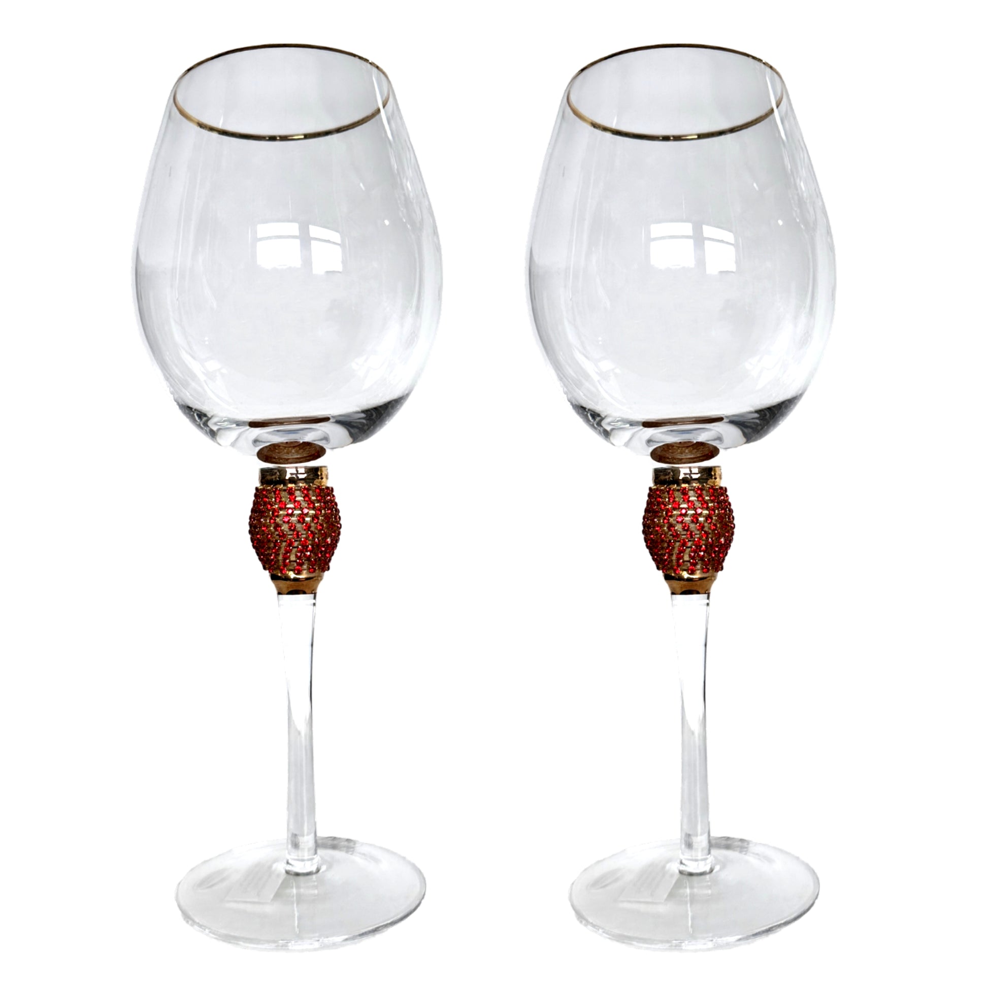 Two wine glasses with decorative stems on a white background