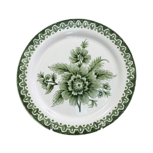 Salad Plate Hand Painted Green Flowers & Green Rim 9" Set of 4