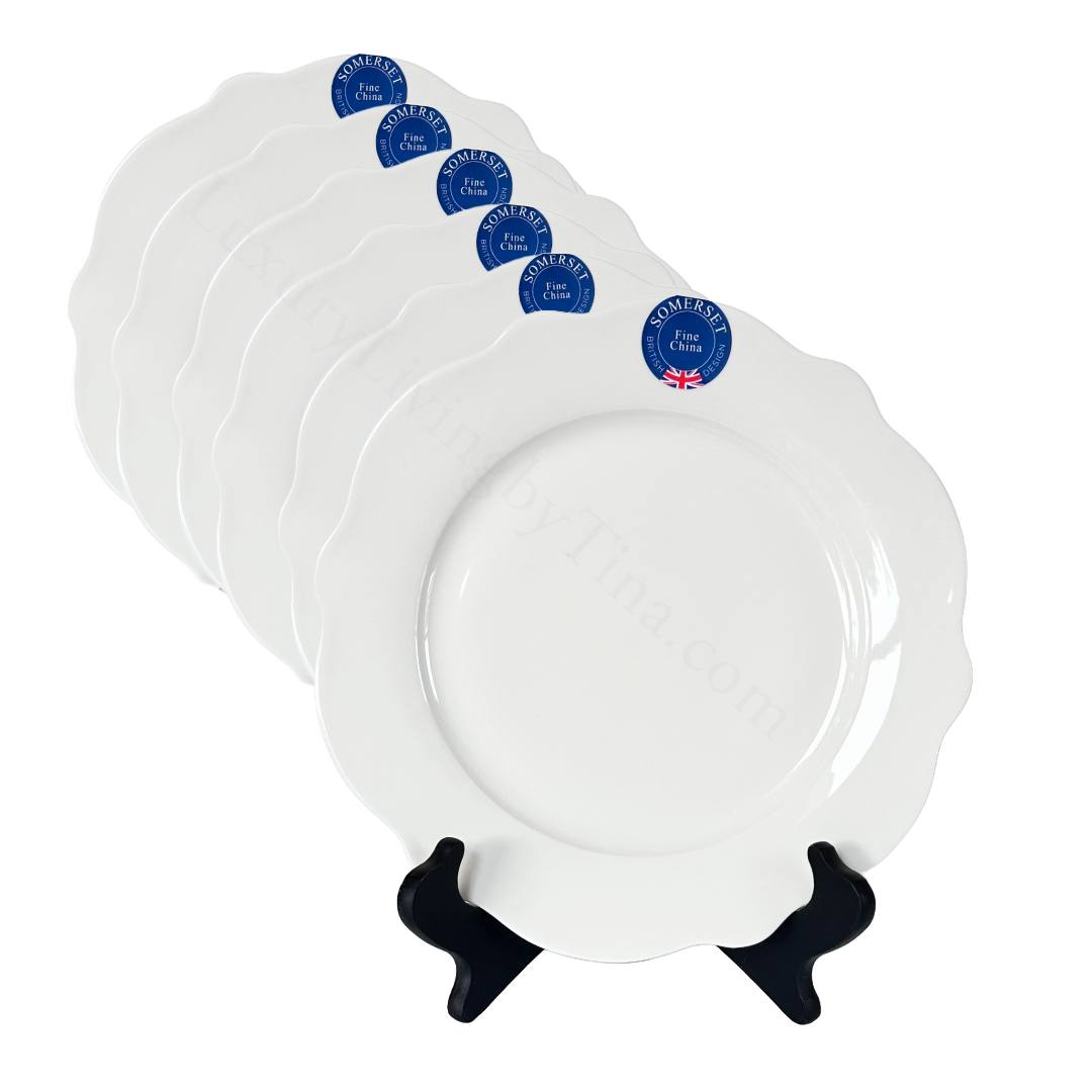 Set of 6 white plates with a 'Somerset' Eaton Fine Dining brand label 