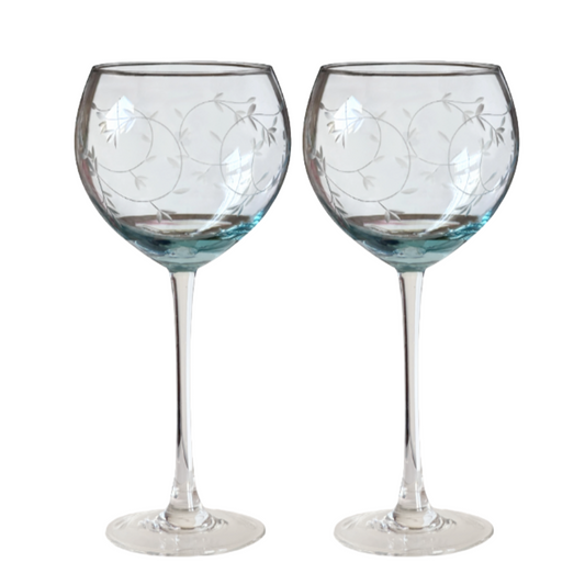 Lenox Heather Blue Balloon Wine Glass White Etched Flowers w/Turquoise Bottom x2