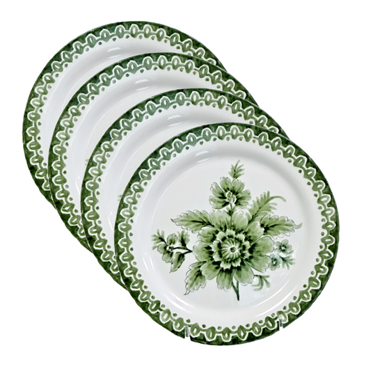 Salad Plate Hand Painted Green Flowers & Green Rim 9" Set of 4