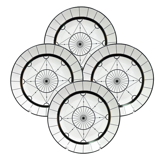 Elle Decor Compass Porcelain Salad Plate Black & Gold Curved Edges Black Rim x4