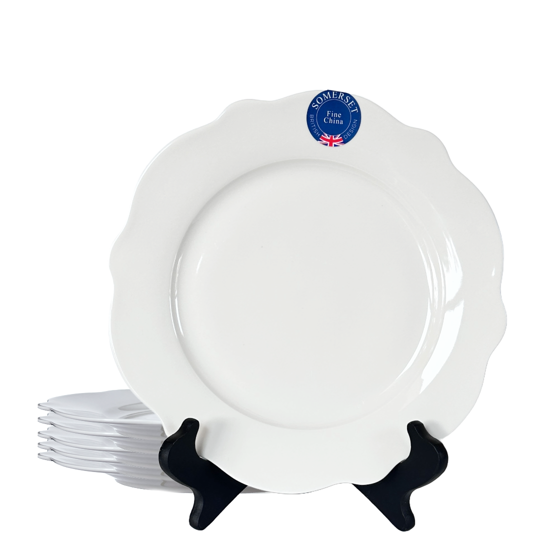Set of 6 white plates with a 'Somerset' Eaton Fine Dining brand label 