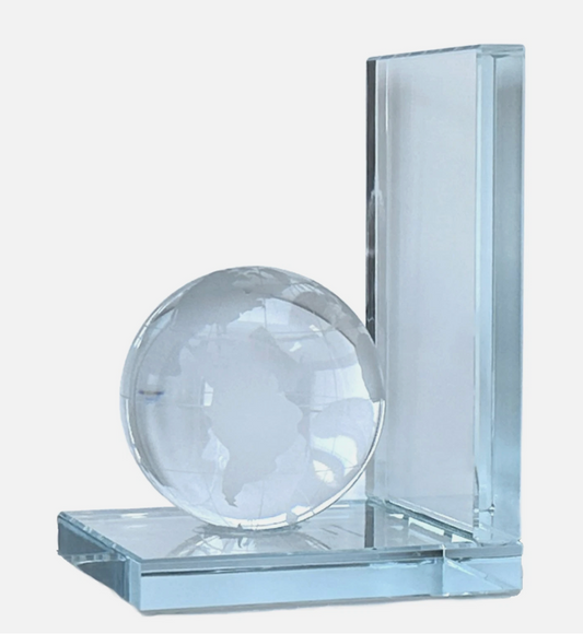 Bookend Globe Frosted Etching Thick Clear Glass Base, Home Office Bookshelf Gift