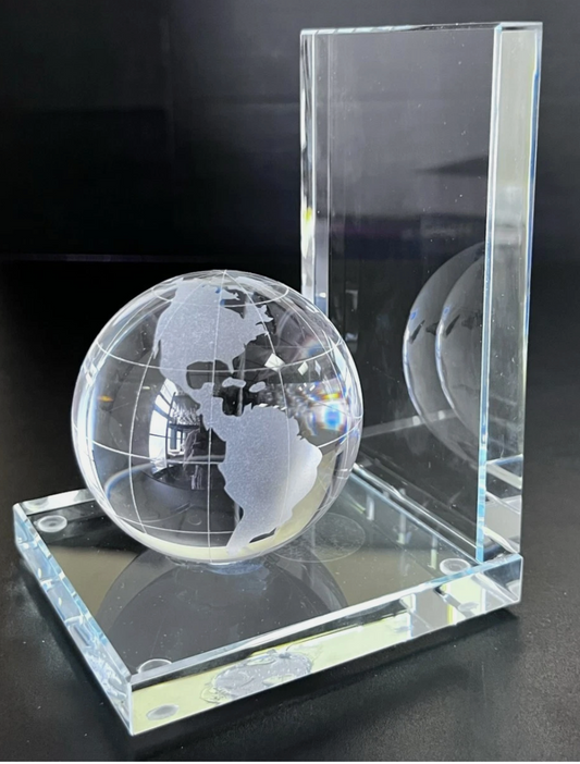 Bookend Globe Frosted Etching Thick Clear Glass Base, Home Office Bookshelf Gift