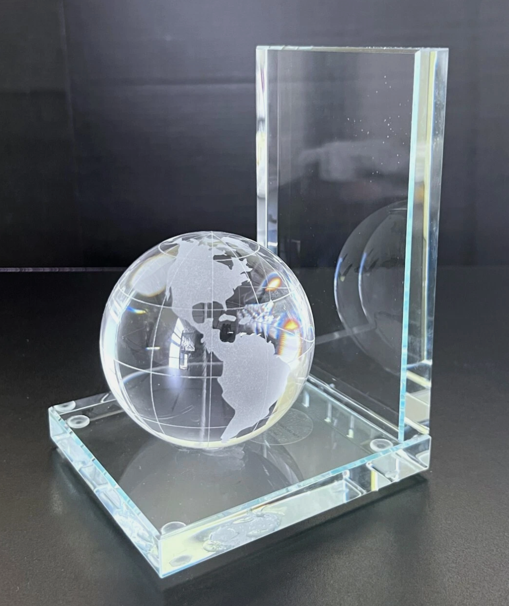 Bookend Globe Frosted Etching Thick Clear Glass Base, Home Office Bookshelf Gift