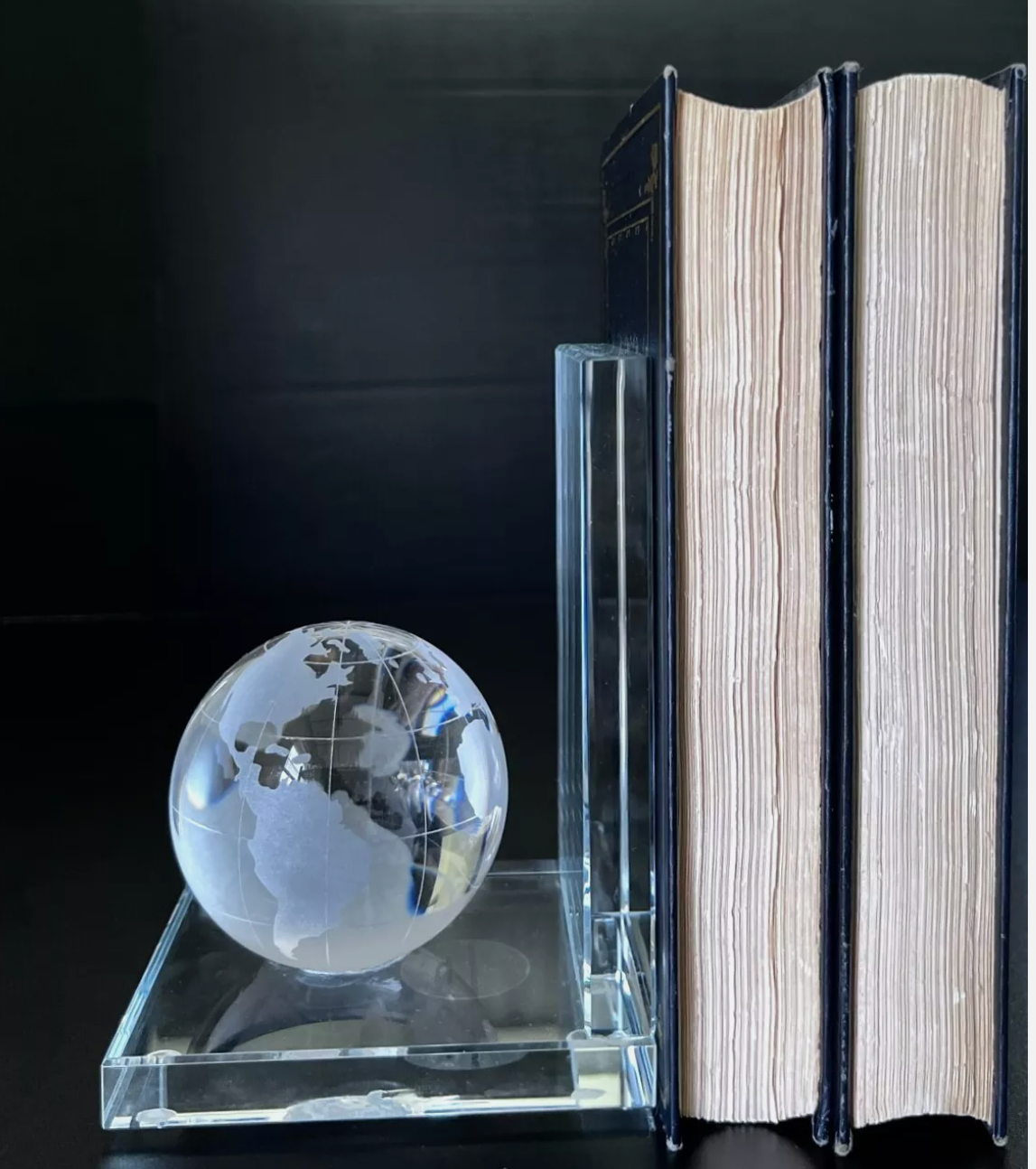 Bookend Globe Frosted Etching Thick Clear Glass Base, Home Office Bookshelf Gift