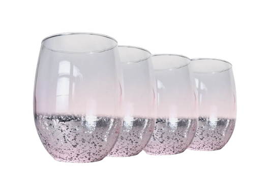 Stemless Wine Glass, Pink and Silver Foil Ombre Flecked Glass, 21 oz Set of 4