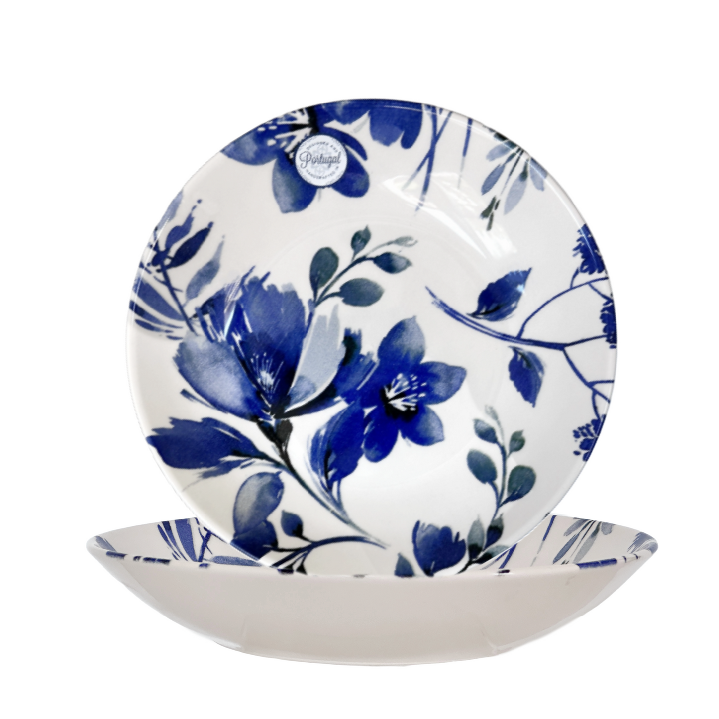 9.5" Pasta, Soup Bowl White Ceramic Royal Blue Flowers Made In Portugal Set of 2