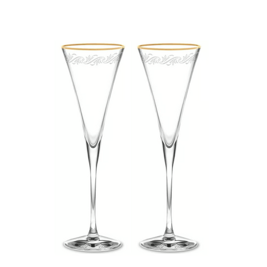 Noritake, Champagne Glass, Crestwood Gold Etched Crystal, with Gold Rim Set of 2